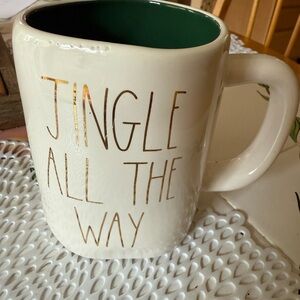 Rae Dunn Cream Mug with Gold Lettering and Green Interior